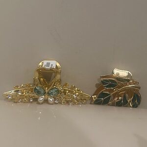 Gold and Green Leaf Hair Clips